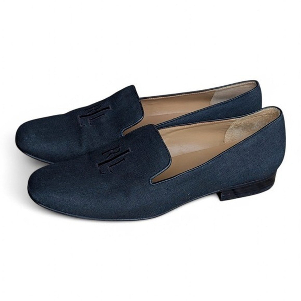 Ralph Lauren Linen Blend Black Embroidered Loafer Flats 9 - Picture 4 of 10
